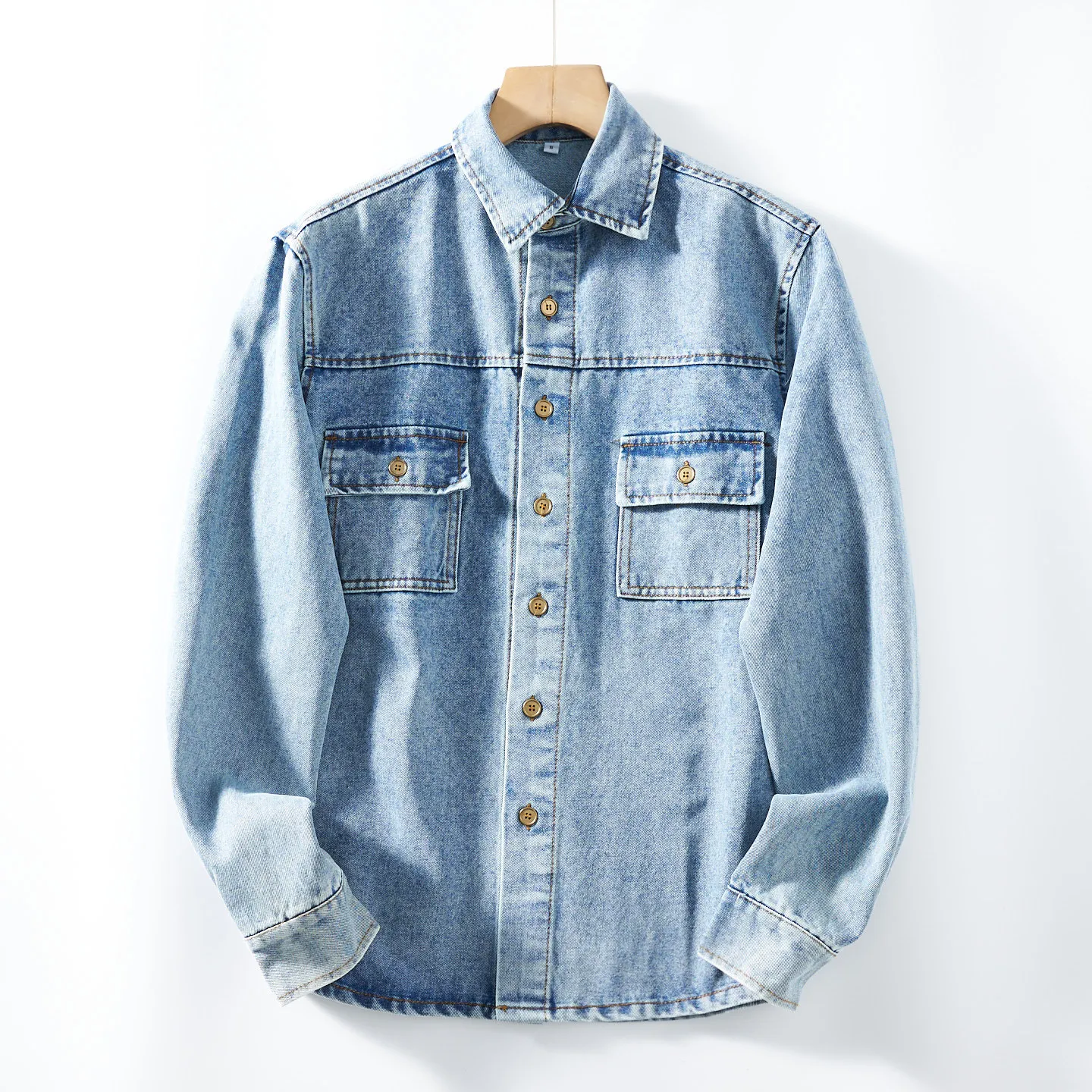 Spring New American Retro Heavyweight Long Sleeve Turn-down Collar Twill Denim Shirt Men's Fashion Double Pocket Casual Blouses