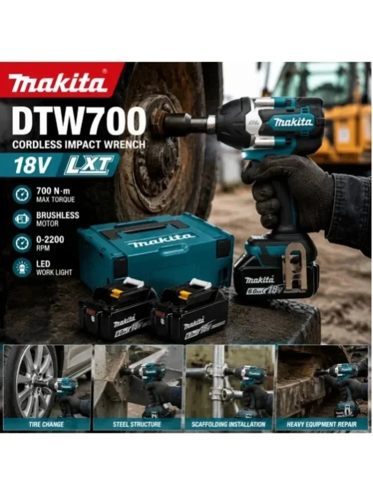 18V Lithium-Akku Passend für Makita DTW700 700Nm Elektrischer Schlagschrauber Bürstenlos Kabellos Variable Geschwindigkeit Auto-Stopp Hohe Effizienz Langlebig