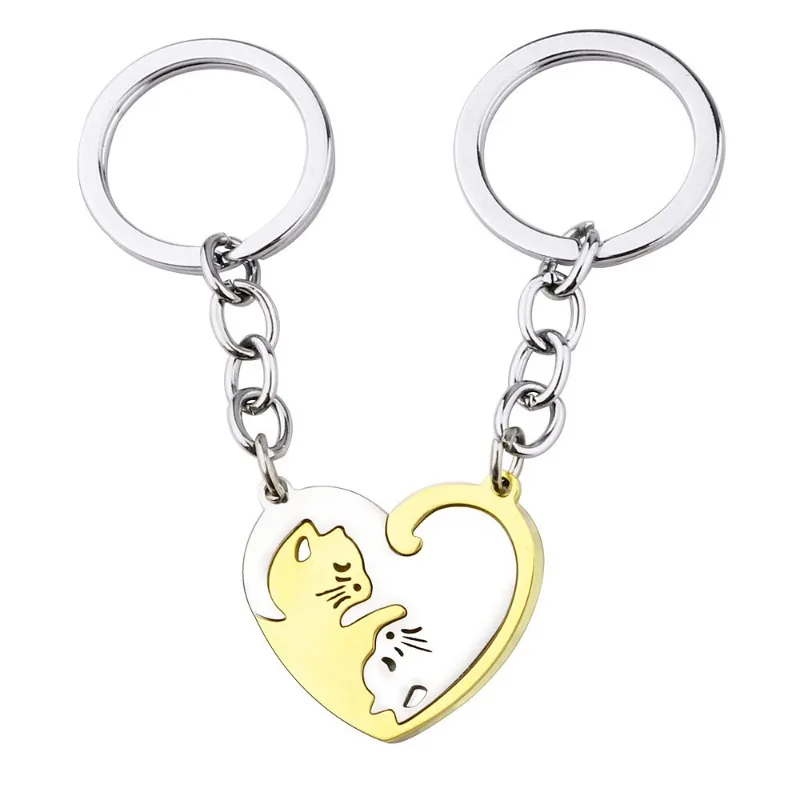 Heart-shaped Patchwork Love Cat Keychain Pendant Couple Key Chain Pendant Jewelry European and American Stainless Steel Keychain