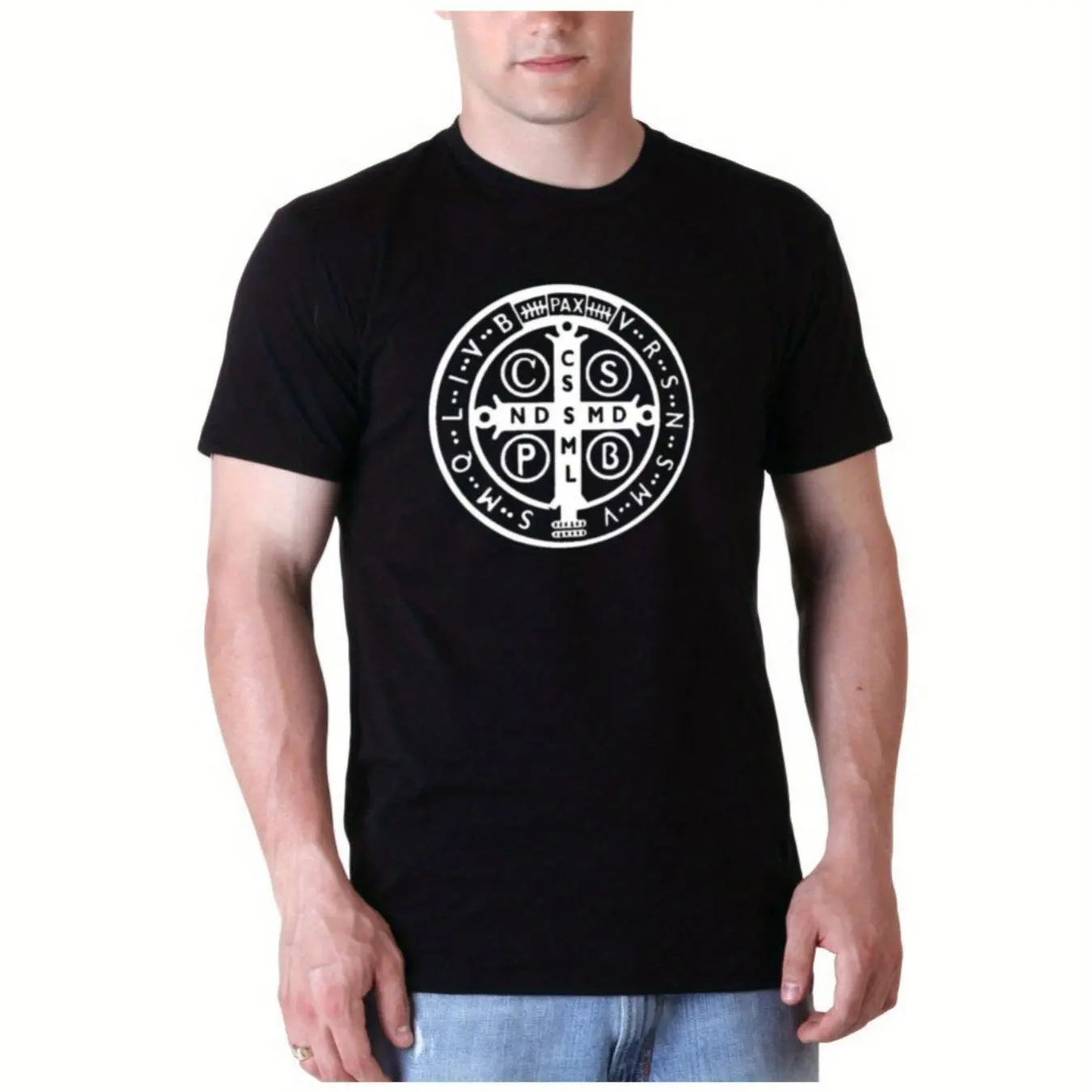 Camiseta gráfica con medalla de San Benito para hombre, camiseta de San Católico, camiseta familiar impresa para todas las estaciones, Camiseta de algodón con cuello redondo
