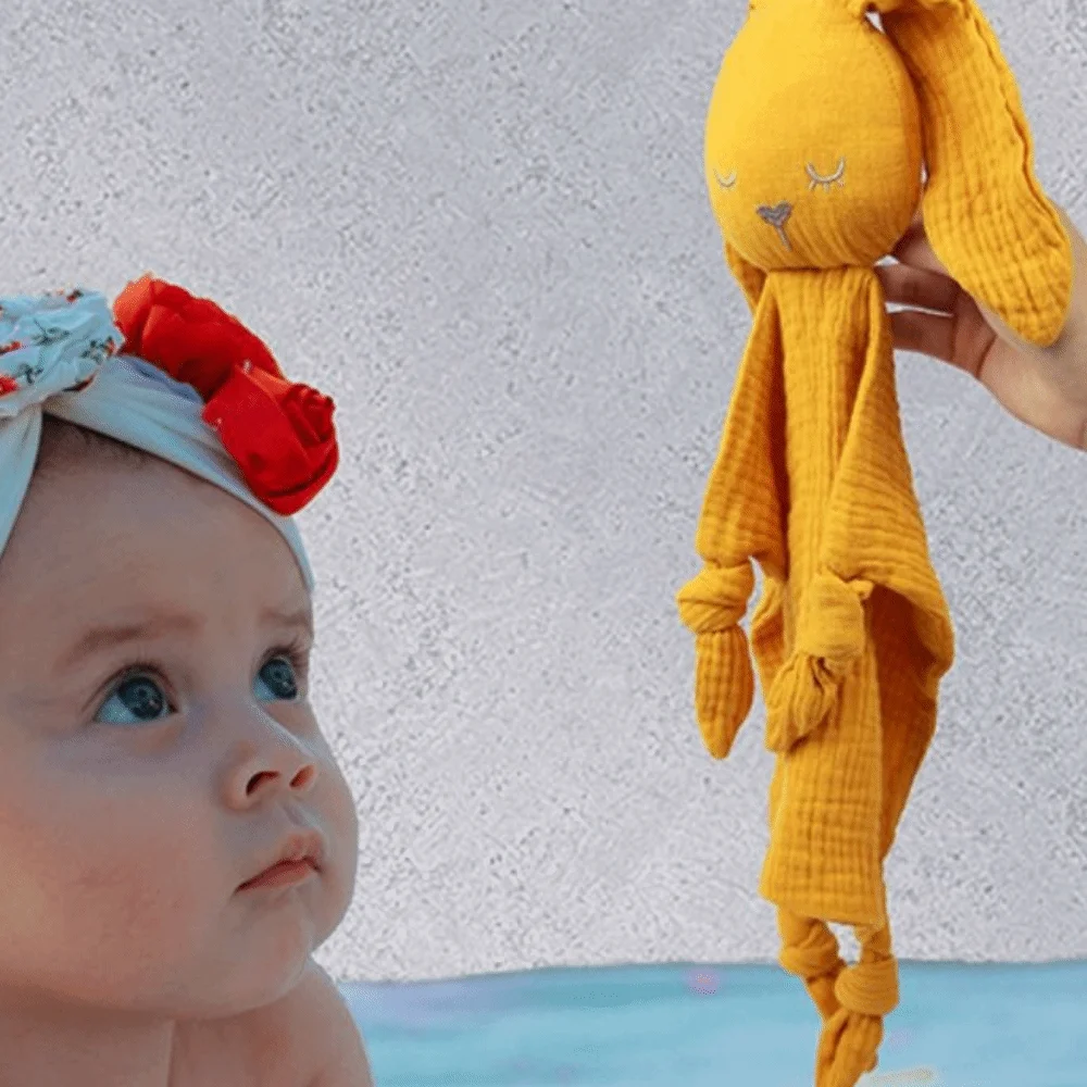 

Harmless Soft Baby Cotton Gauze Blanket Cartoon Rabbit Ears Comforter Saliva Scarf Sensory Toy Cute Doll Handkerchief Infant Use