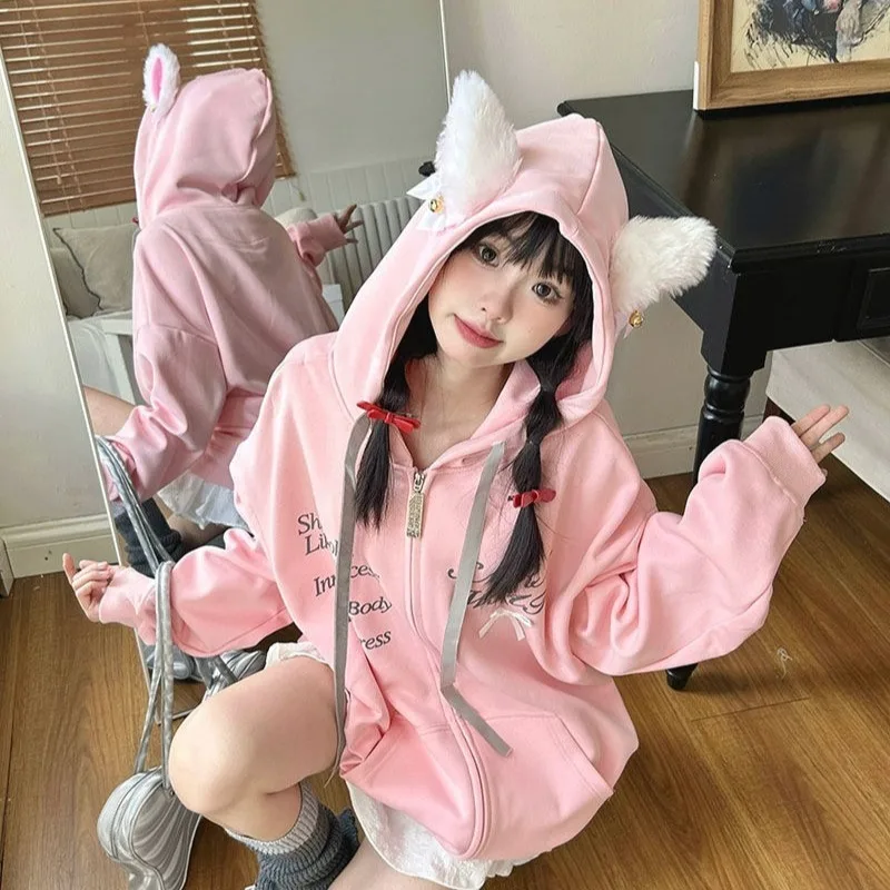 Women's Jackets Loose Slouchy Lovely All-match Y2k Hooded Letter Streetwear Sweet Aesthetic Long-sleeved Clothing Autumn College