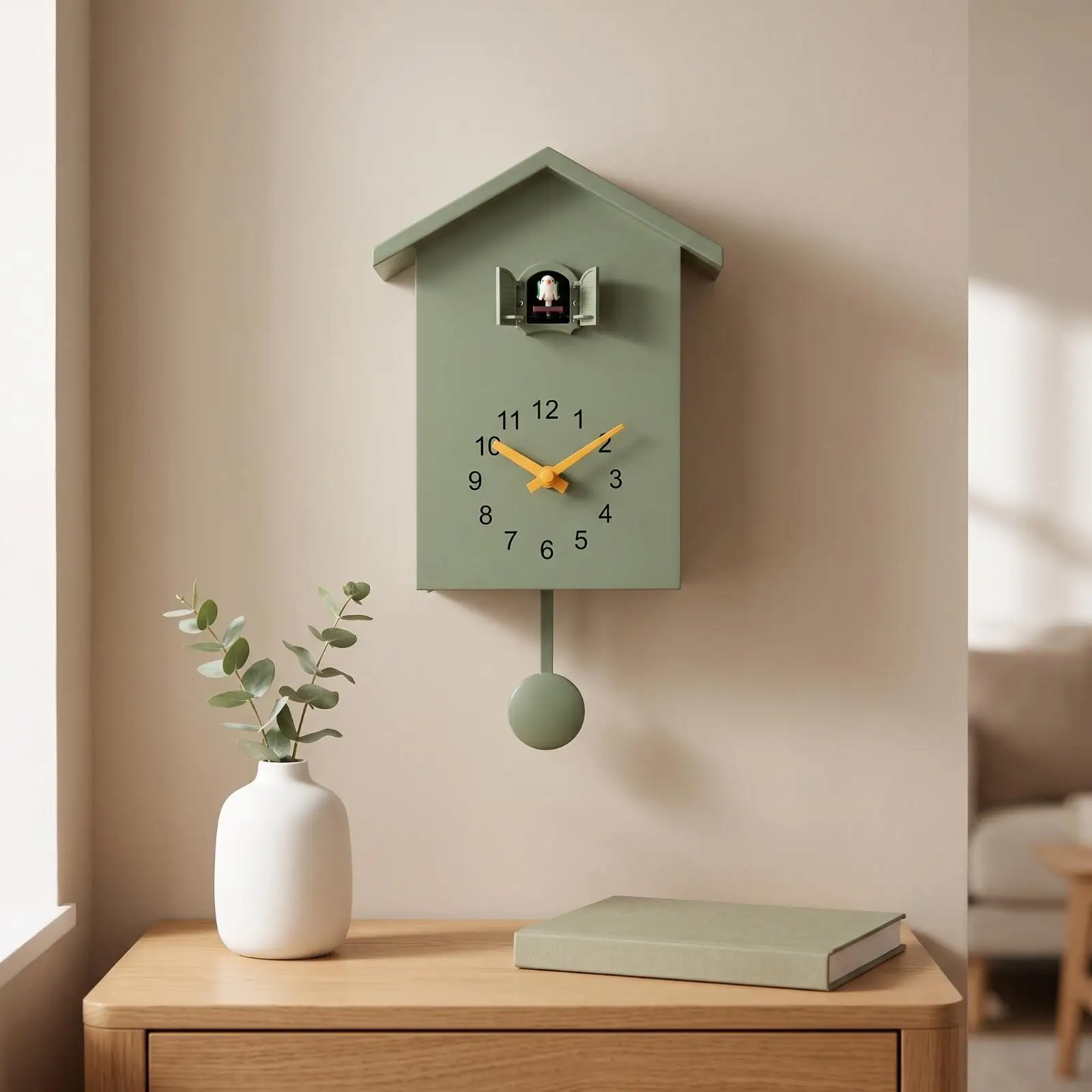 Charming Cuckoo Style Wall Clock with Pitched Roof Bird Window Quiet Analog Movement for Home Interior Decoration
