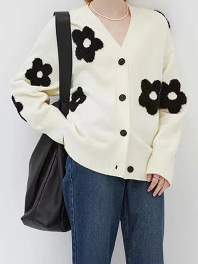 Zoki Women Retro Floral Cardigan Swetry Casual V Neck Sweet Dzianinowe Kurtki Jesienne Długi Rękaw Vintage England New Harajuku Tops