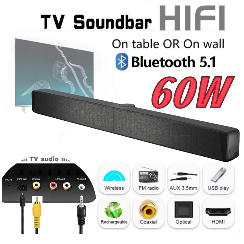 

BS-53 60W Wireless Computer Bluetooth Speakers Outdoor Portable HomeTheater Surround FM Radio TV Soundbar Supports USB Coaxial