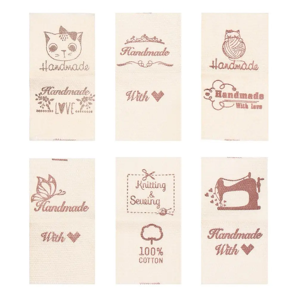 50PCS Handmade With Love Cloth Garment Labels Cartoon Cat Love Heart Woven Knitted Supplies Sewing Accessories Clothing Tags DIY