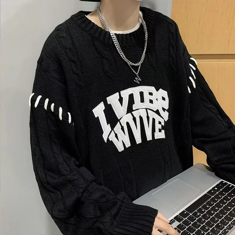 

Мужской свитер больших размеров, осенне-зимний, утепленный, свободного кроя, с круглым вырезом, с вышитыми буквами, в стиле кэжуал, парный трикотаж, с воротником-бомбером