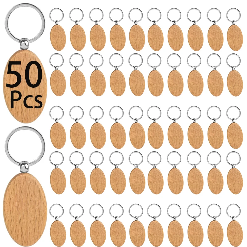 

50Pcs Wooden Keychain Blank Wooden Keychain Unfinished Wooden Key Tag with Ring for DIY Keychains