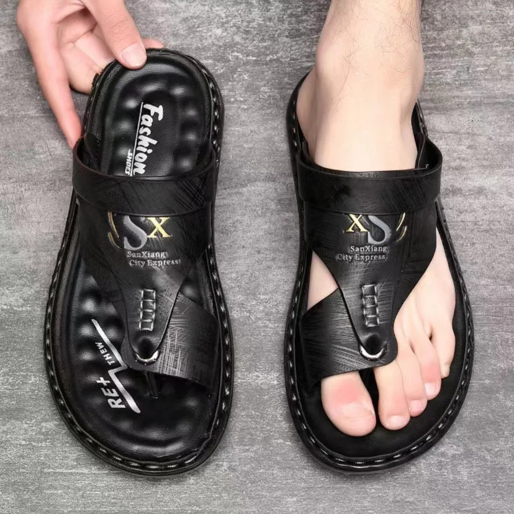 

Casual Latex Insoles Thick Soled Slippers Anti Odor PU Leather Slides Sandals Men Anti Slip Shoes Ankle Buckles Slippers Beach