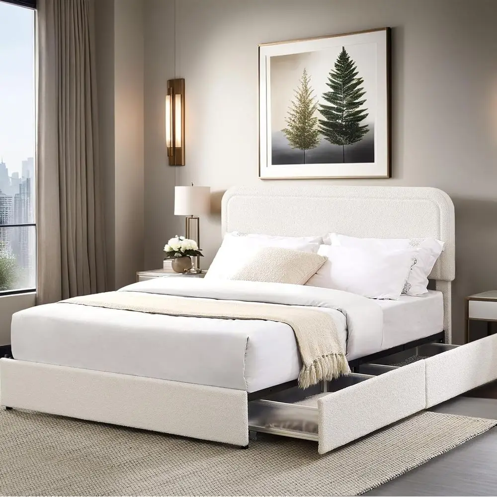 

Ivory Queen Platform Bed with 4 Drawers, Curved Headboard, Metal Frame, Slat Support, No Box Spring Needed