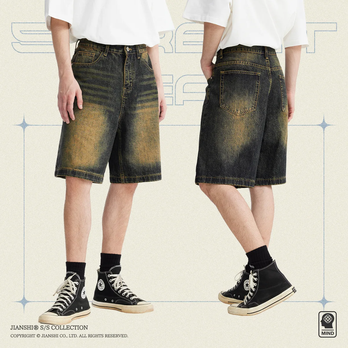 BONXUY Summer retro Korean version of the old baggy denim shorts men's new washed tide street personality five-minute pants