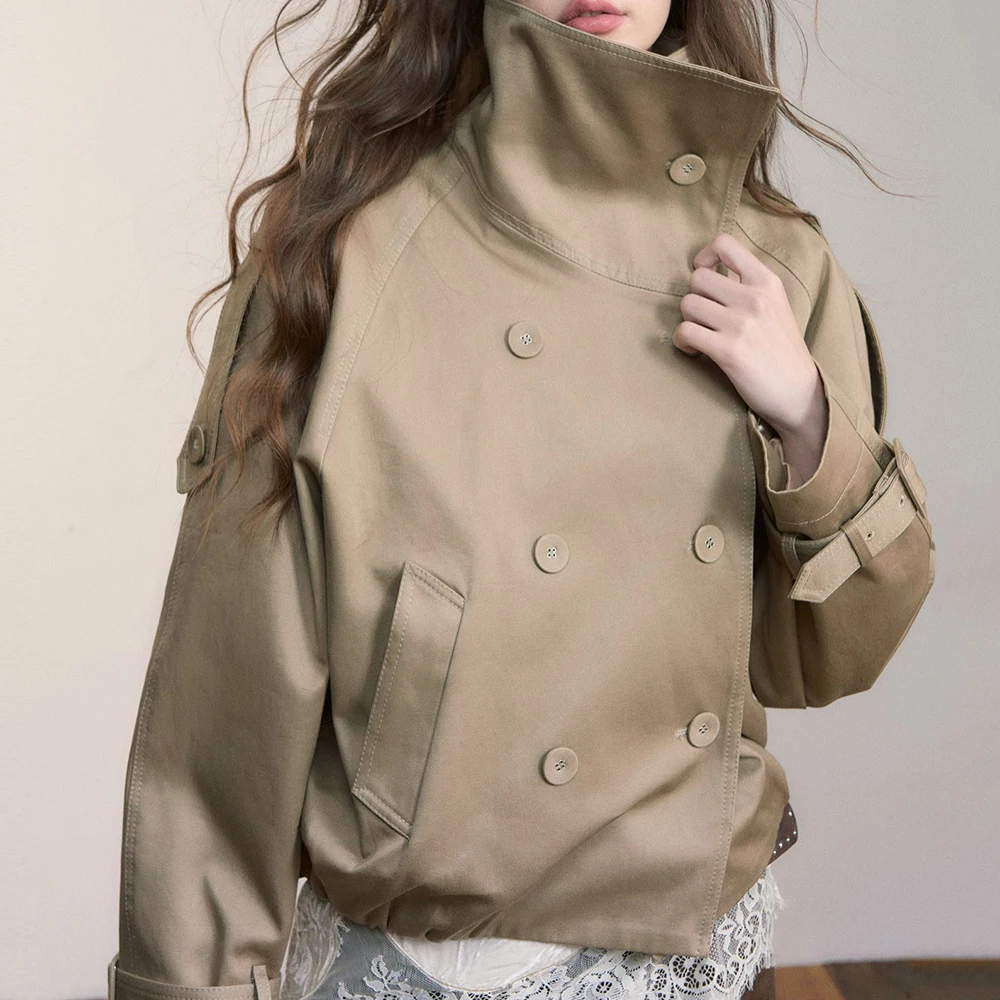 TWOTWINSTYLE Khakl Gesplitst Double Breasted Jas Vrouwelijke Coltrui Lange Mouw Streetwear vrouwen Jassen Herfst Mode Nieuwe