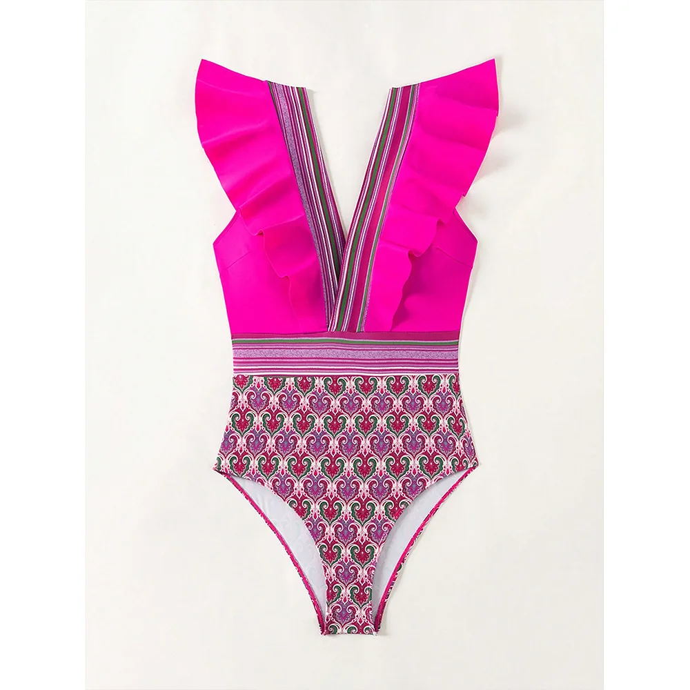 2025 Sexy One Piece Swimsuit Women Print Deep V Neck Swimwear Bandage Bathing Suits Beach Wear Monokini Ruffle Swimming Suit