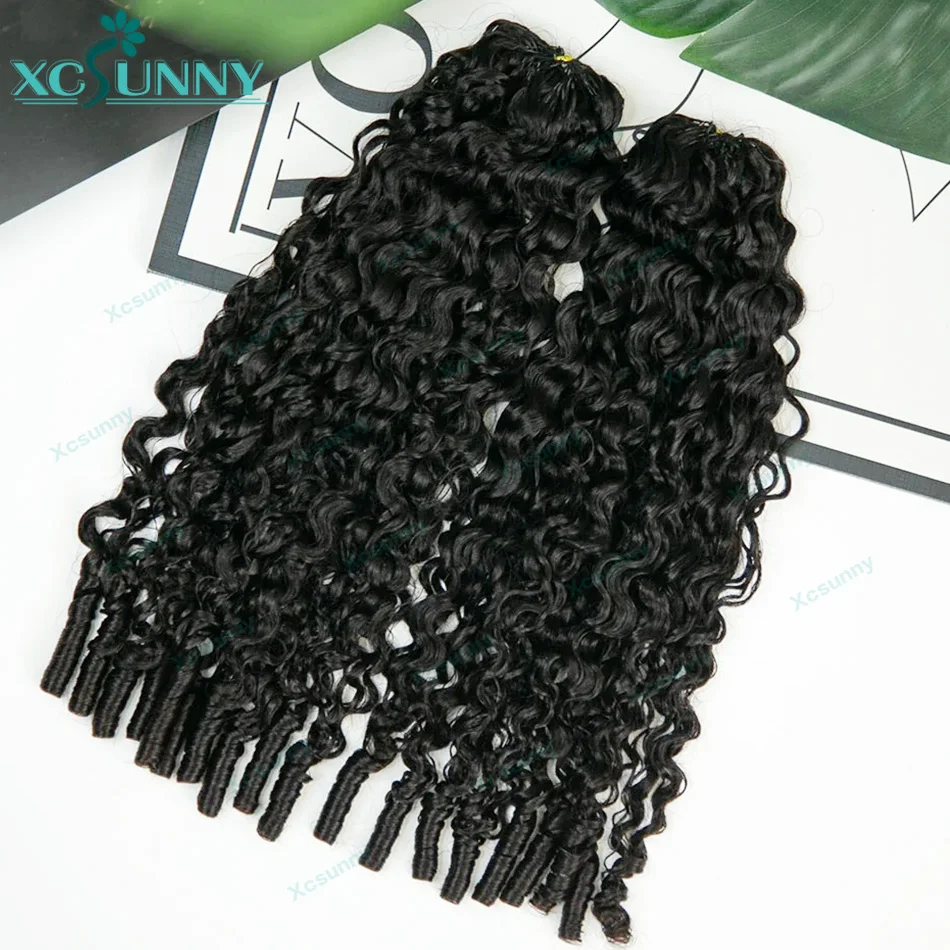 ريشة الكروشيه الضفائر شعر الإنسان موجة المياه Knotless قبل فصل ريشة الكروشيه وصلات شعر بشري بأطراف مجعدة ضيقة