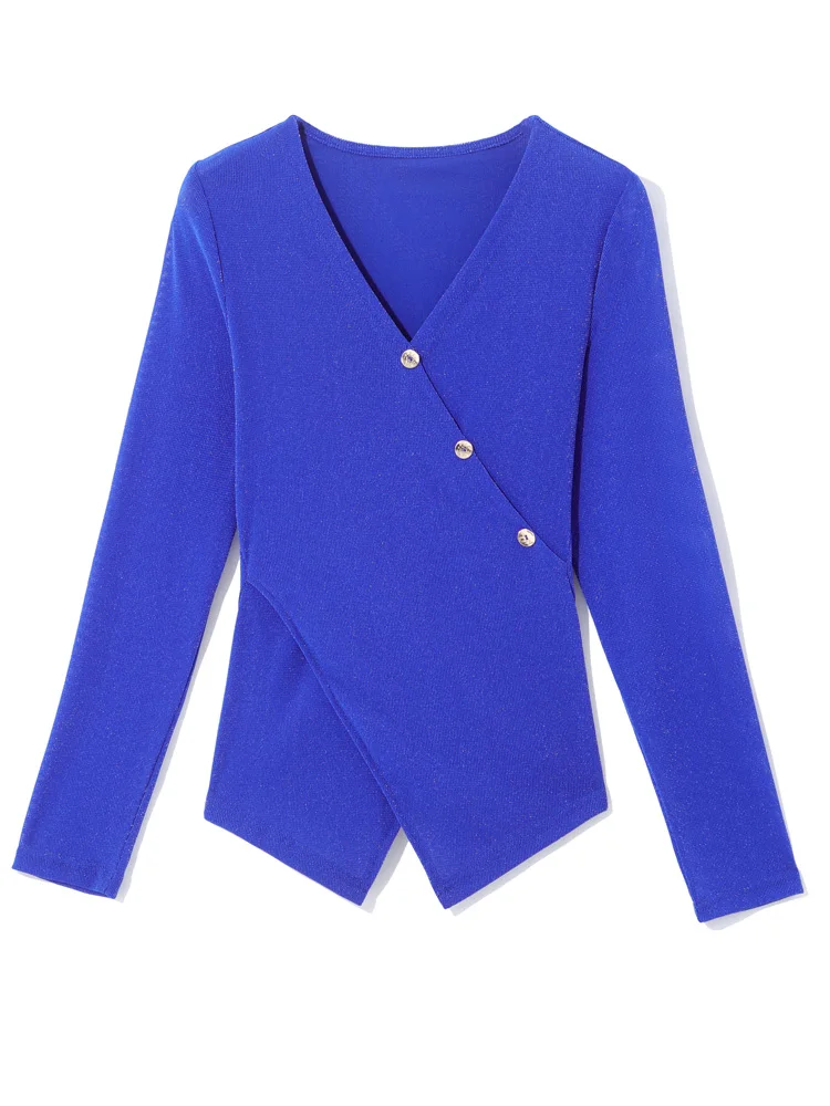 세련된 시퀸 메이 베이스 여성용 초가을 롱 슬리브 V넥 슬림핏 탑 한국 스타일 출퇴근룩 순수...