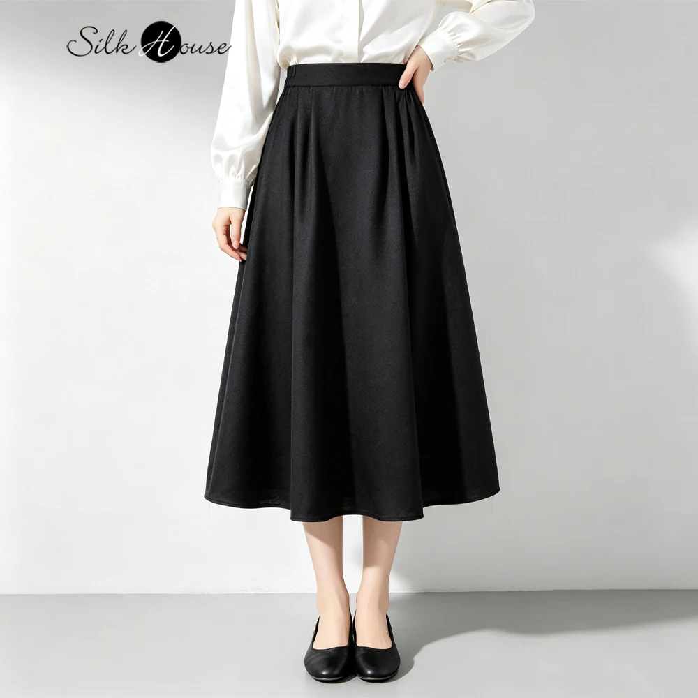 2026 Women's Fashion New 100% Natural Mulberry Silk Gambiered Guangdong Gauze Black Elastic Waist Large Swing Loose Skirt