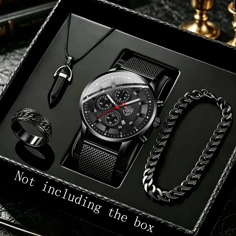 4pcs Men Women Casual Sports Quartz Watch and Bracelet Necklace Ring Set Fashion Accessories, Holiday Gifts