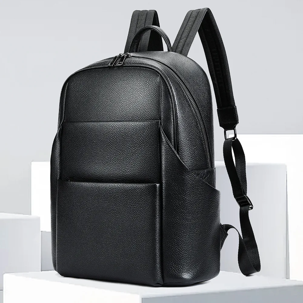 Men's genuine leather top layer cowhide travel business office 15 inch computer backpack