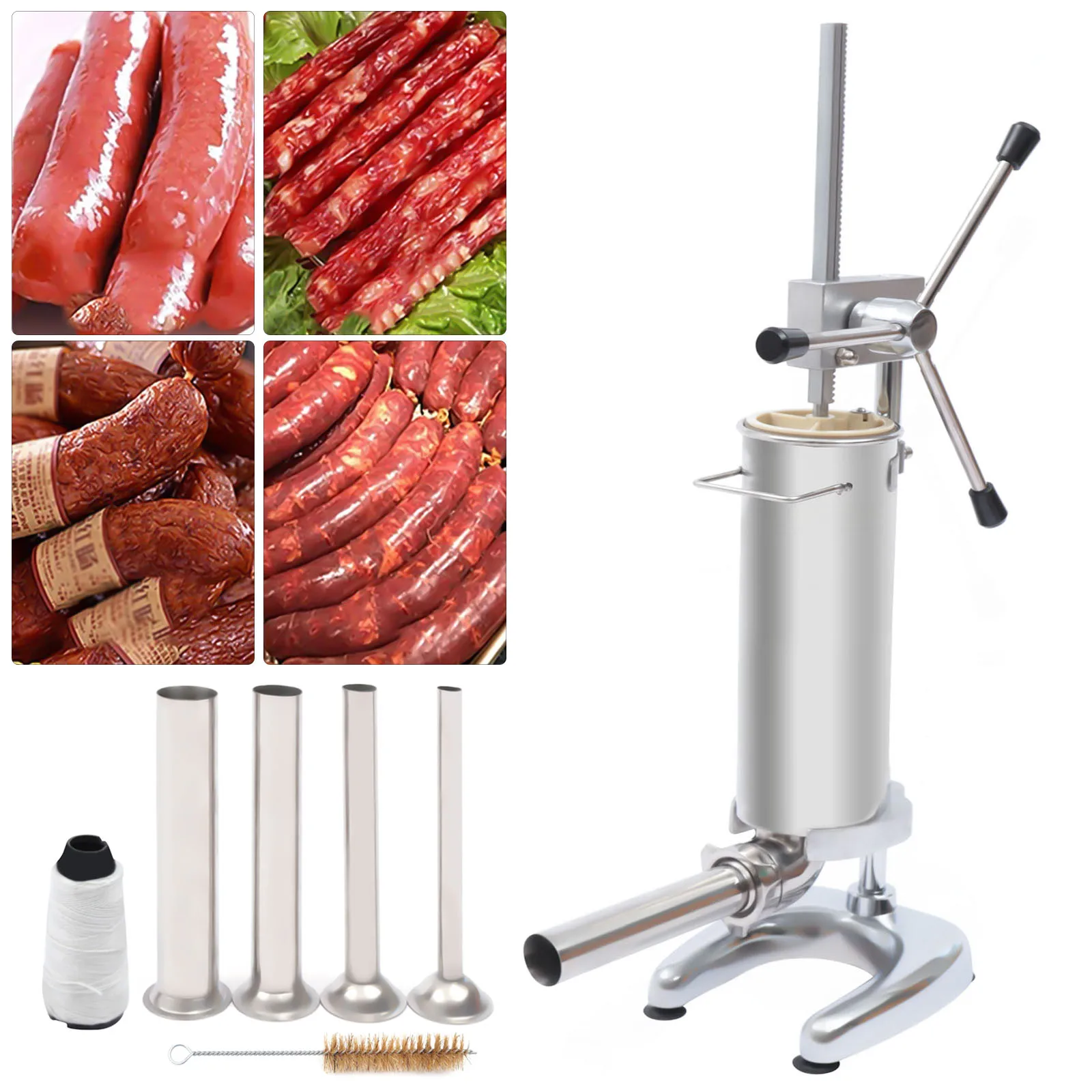 Manual Sausage Stuffer 3L Vertical Sausage Machine 4 Sausage Tubes Stainless Steel Sausage Maker