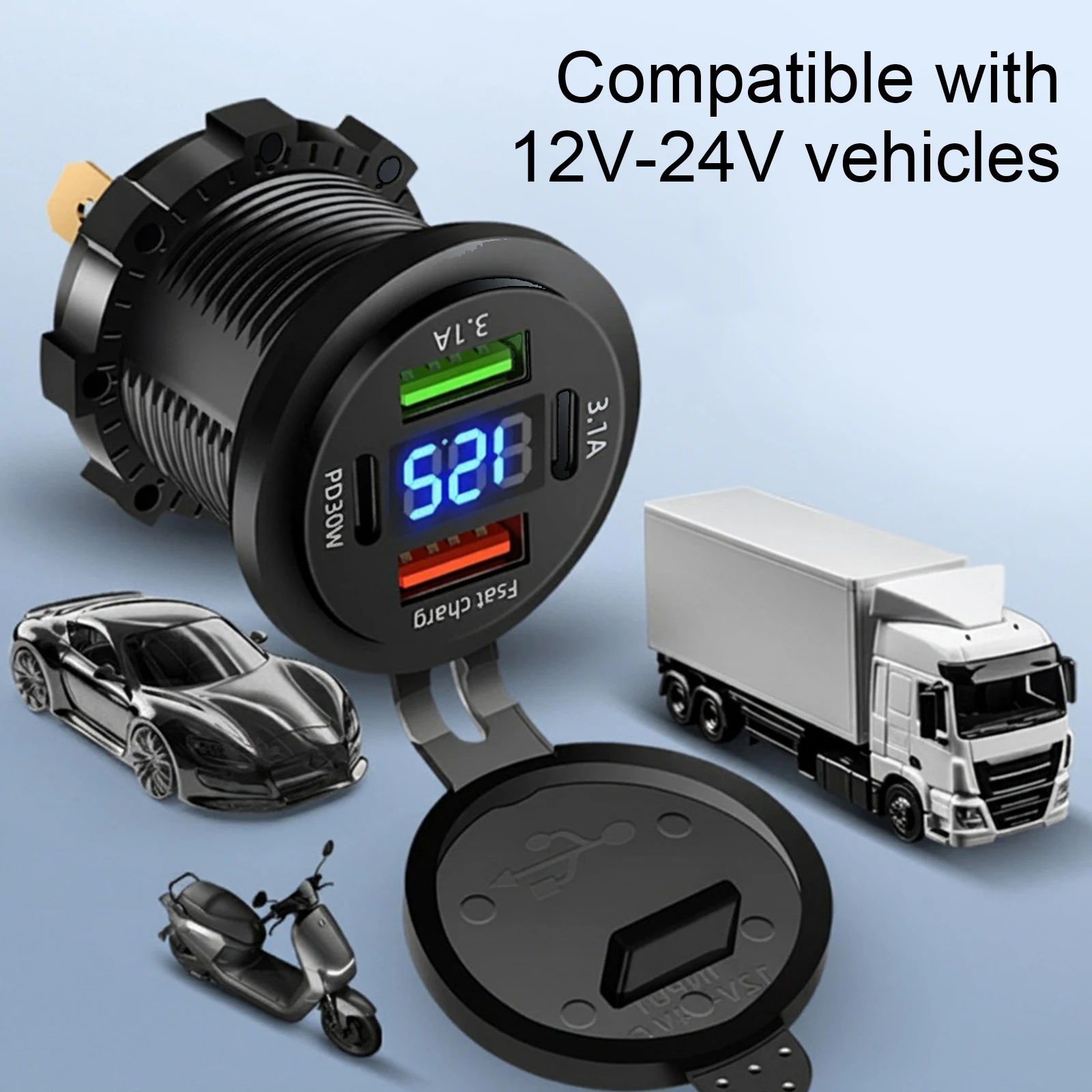 3-Port Marine Fast Charger Waterproof Cigarette Outlet Replacement USB Outlet Cigarette Lighter for Marine Boat Motorcycle RV