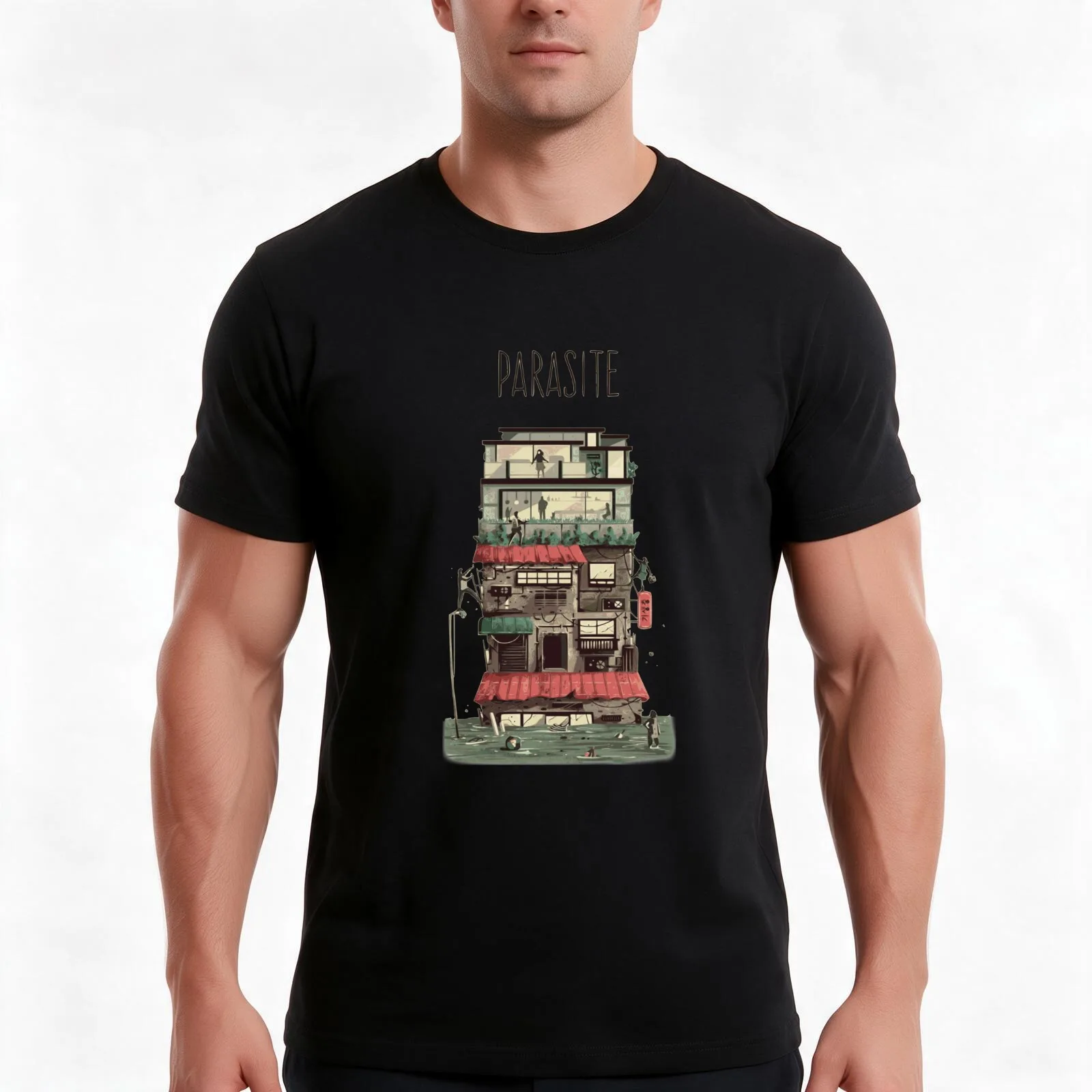 Parasite Movie Flooded House T-Shirt, Summer Casual Cotton Tee, Oversized Streetwear Tops, Vintage Graphic Print, 100% Cotton