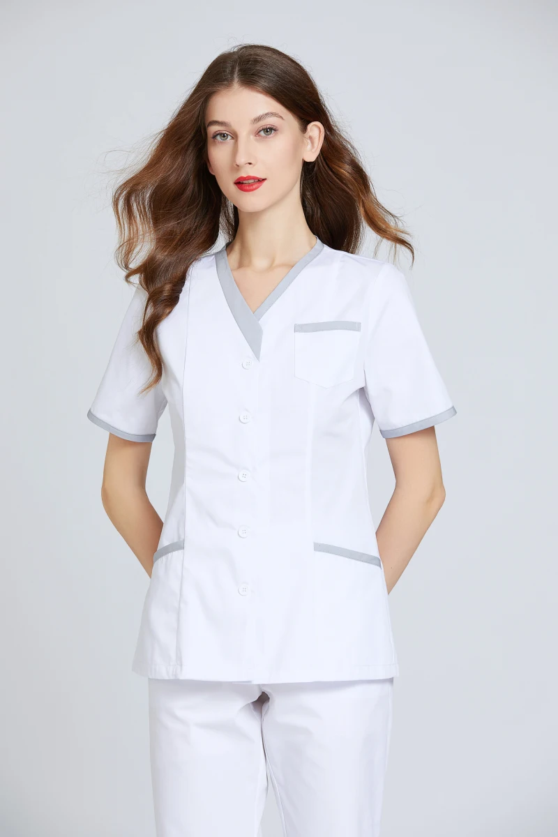 Vêtements de travail d'infirmière blancs à manches courtes pour femmes, uniformes ajustés, bouton avant trempé, salon de beauté, soins de la peau et spa, été