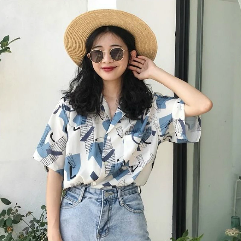 Shirts Women Chic Vintage Printed New Summer Harajuku Ladies Streetwear Popular All-match Short Sleeve Pocket Womens Clothes Top