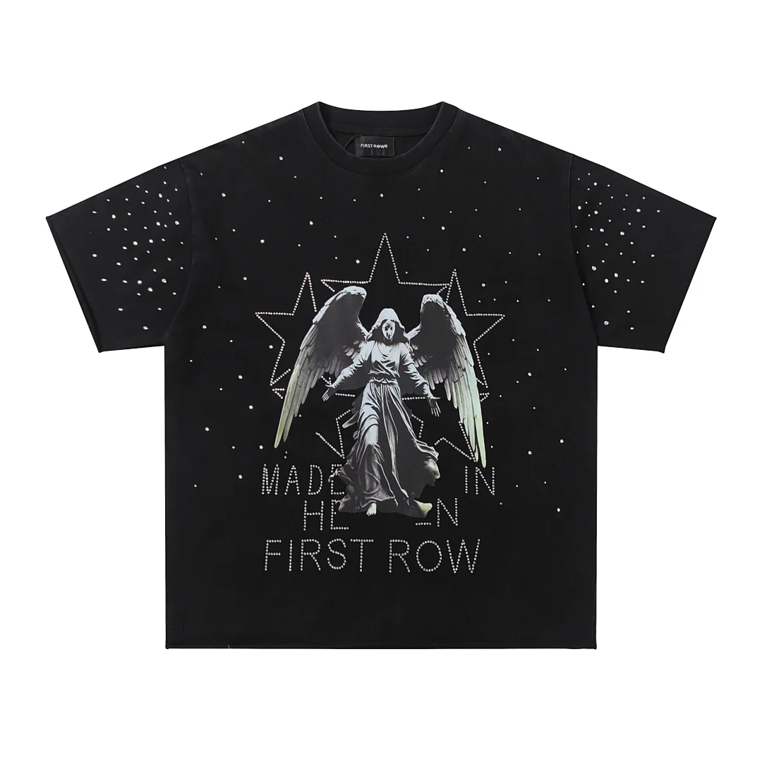 First Row Oversized Black Rhinestone T Shirt Star Angel Rhinestone Print Unisex Y2K Dark Streetwear Cotton Short Sleeve Tops Tee