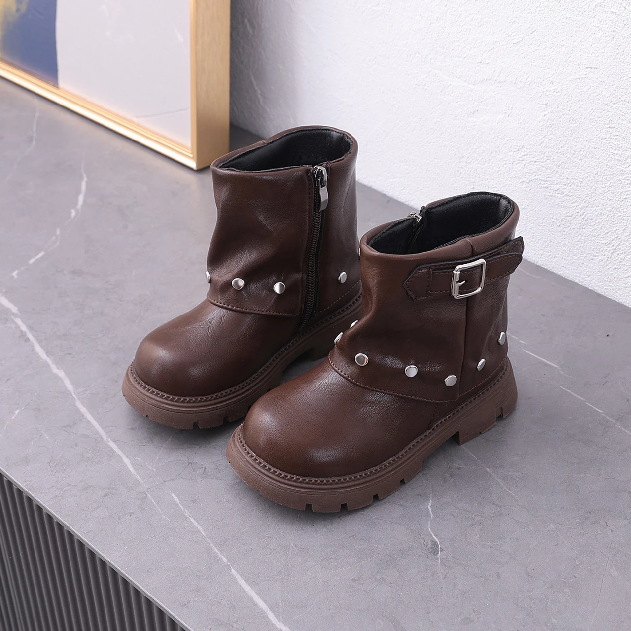 Kids Girls Ankle Boots Buckle & Stud Ornament Side Zipper Thick Non-Slip Sole Fashion Short Boots for Autumn Winter Daily Outfit