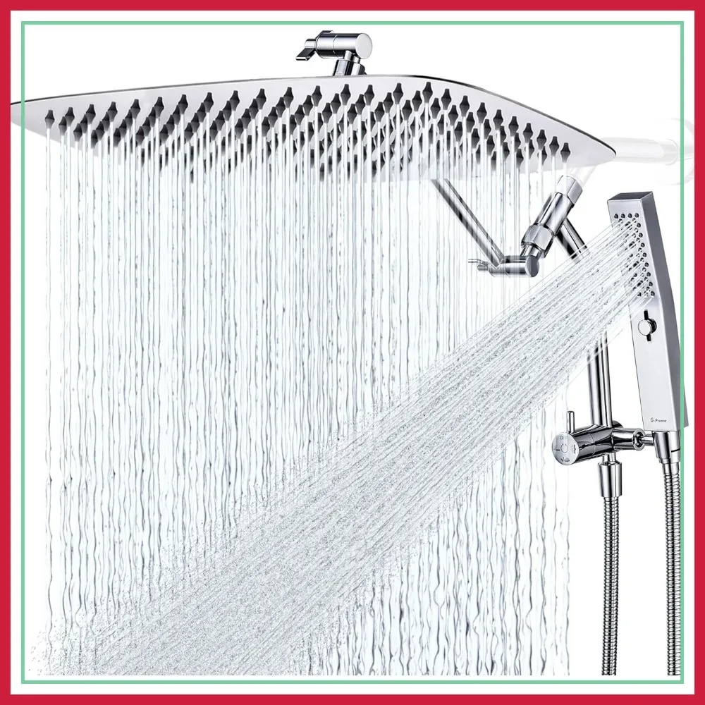 

G-Promise All Metal 16 Inch Rain Shower Head with Handheld Spray Combo, 3-Way Diverter with Pause Setting, Full Body Coverage, Modern Bathroom Upgrade