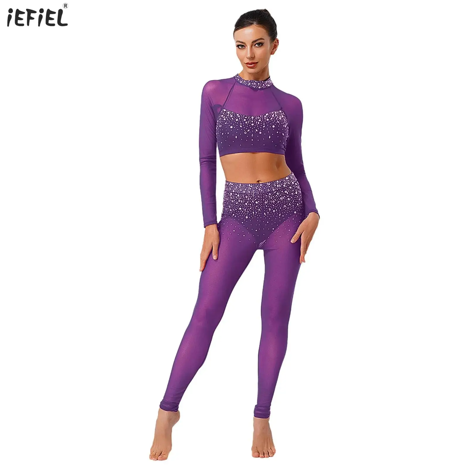 

Womens Gymnastics Dance Outfits Long Sleeve Mesh Patchwork Crop Top+Built-in Briefs Leggings Tights Figure Ice Skating Dancewear
