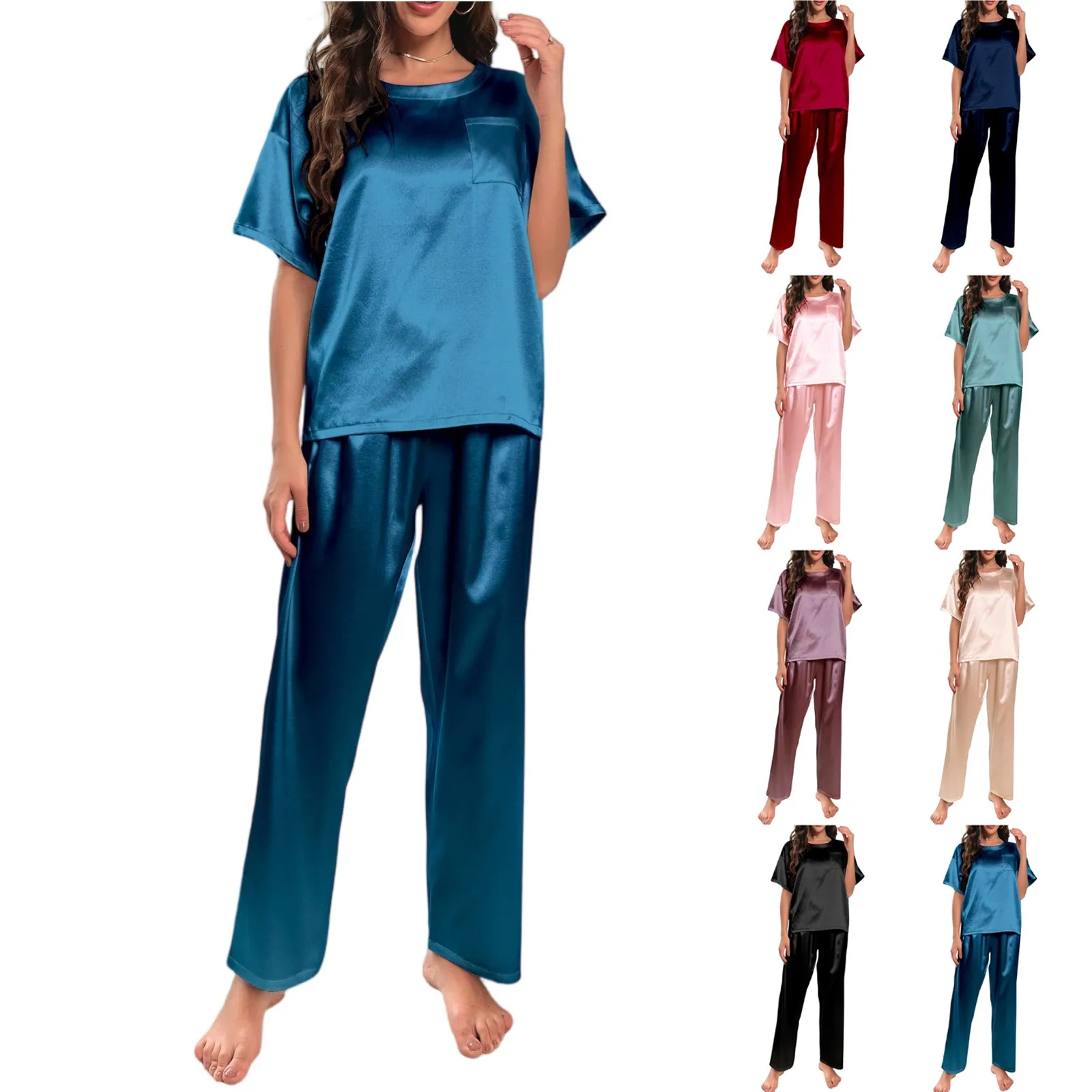 

Women Loose Stretchy Short Sleeve Pants Pajama Casual Simple Style Sleep Wear Lady Elegant Temperament Home Daily Nightwear