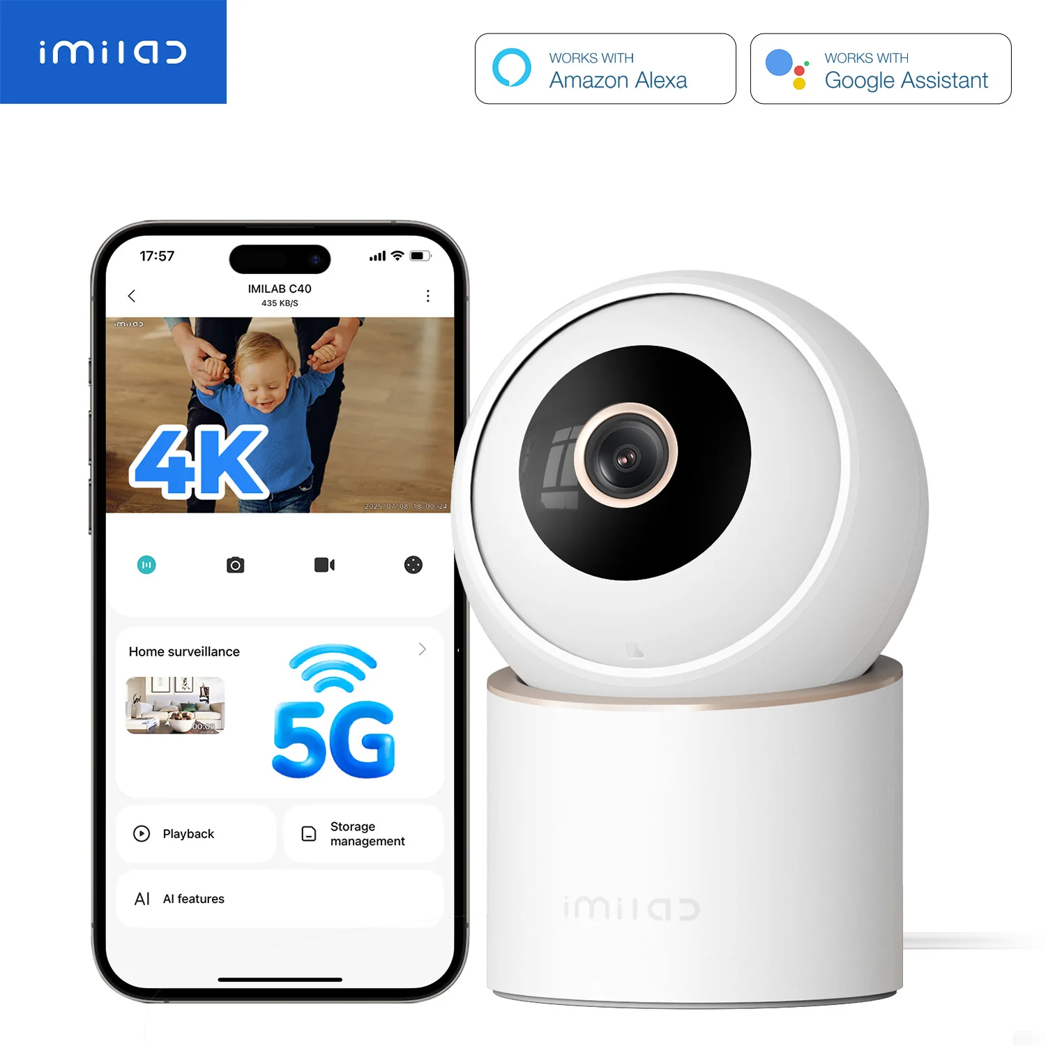 IMILAB C40 ホームセキュリティ 5G WiFi カメラ 室内カメラ 4K PTZ 赤ちゃん/ペット用 人物・ペット追跡 強力なAI検知 Mihome対応