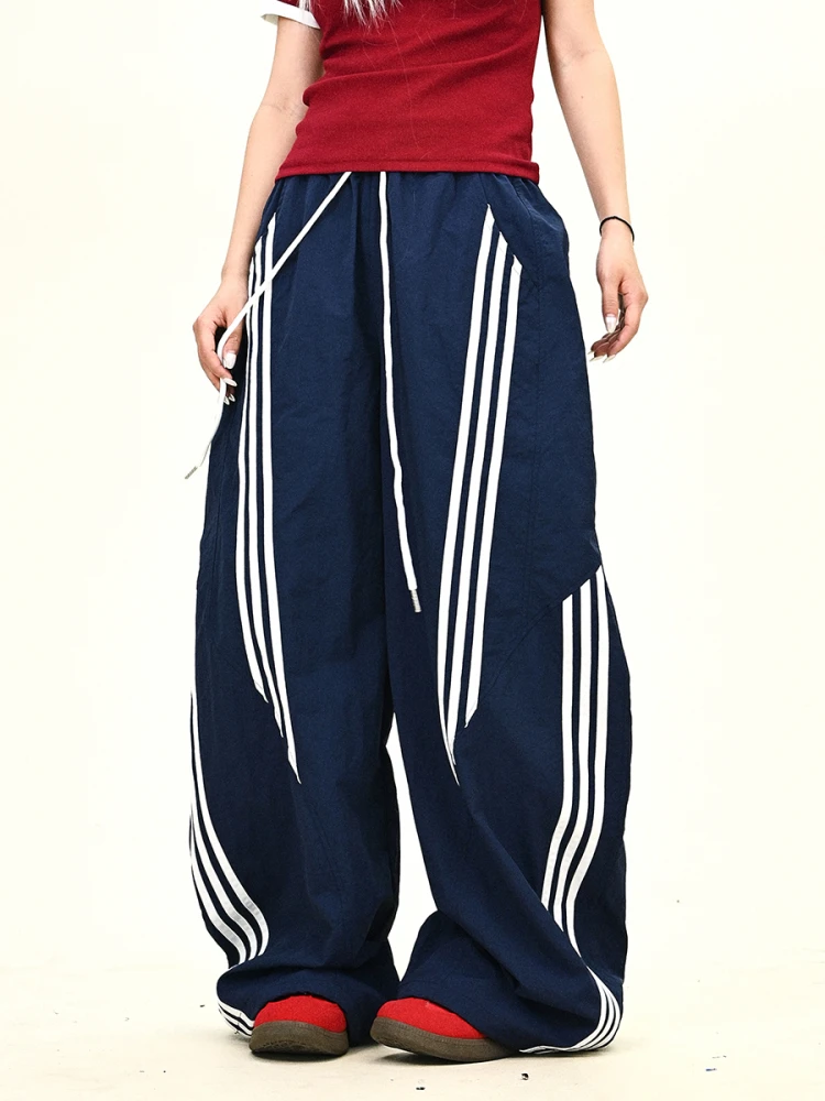 

Женские летние повседневные брюки свободного кроя с синими полосками, длинные, в уличном стиле, с завышенной талией