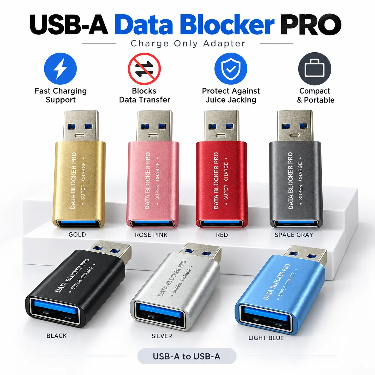 USB-A Data Blocker Pro Fast Charging Charge Only Adapter Anti Juice Jacking Data Transfer Blocker Aluminum Alloy Travel Security
