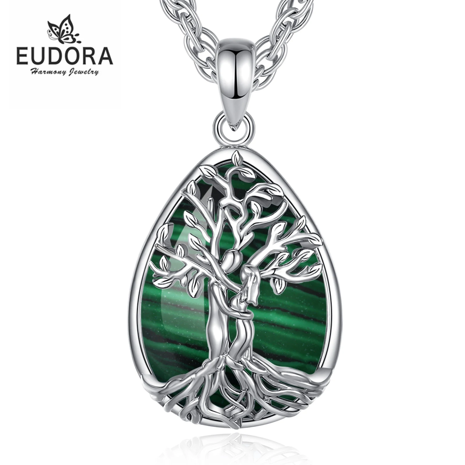 Eudora Tree of Life Couple Hug Necklace Malachite Healing Stone Crystal Pendant Spiritual Jewelry Holiday Gift for Women Men
