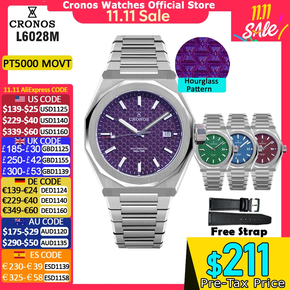 Cronos Luxury Men Watch 39mm Automatic PT5000 SW200 Wristwatches Sapphire 10ATM See-through Back L6028M