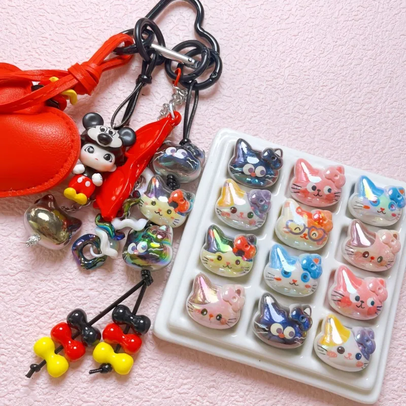 Cute Cat Cartoon UV Color Plate Hello Kitty Straight Hole Beads DIY Mobile Phone Chain Bag Hanging Material Accessories Acrylic