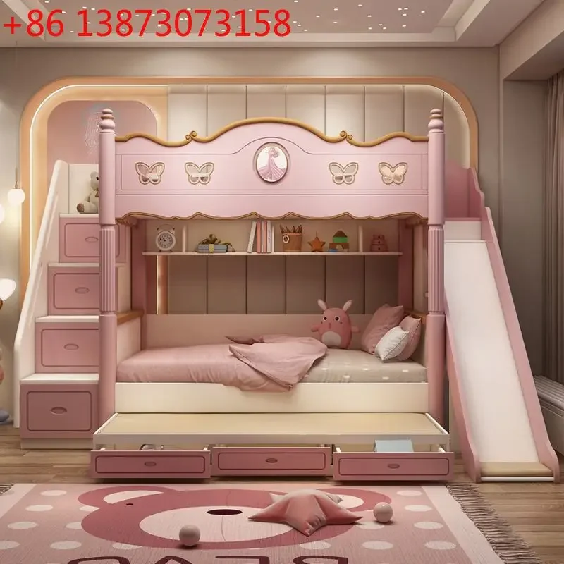 Upper and lower beds Same width High and low beds Bunk beds Girl mother bed Princess bed Upper and lower bunk pink with slide