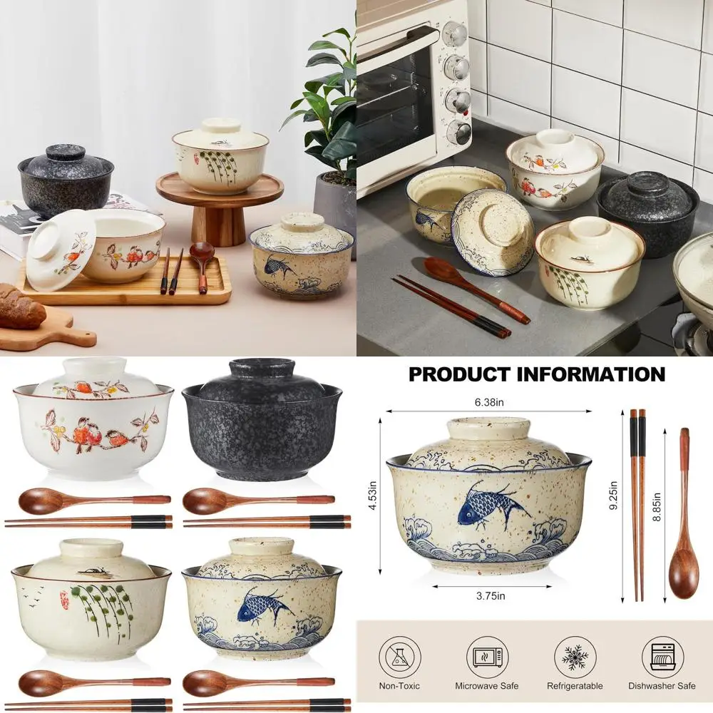 

Набор из 4 керамических мисок для рамена объемом 25 унций, пригодных для использования в микроволновой печи, с крышками, палочками для еды и ложкой — идеально подходят для лапши, риса и каш.