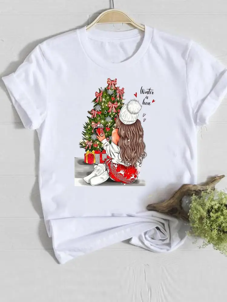 

Lady Casual Female Women Clothes Print O-neck Cartoon Style Trend Happy New Year Graphic T-shirt Christmas Fashion Shirt Tee