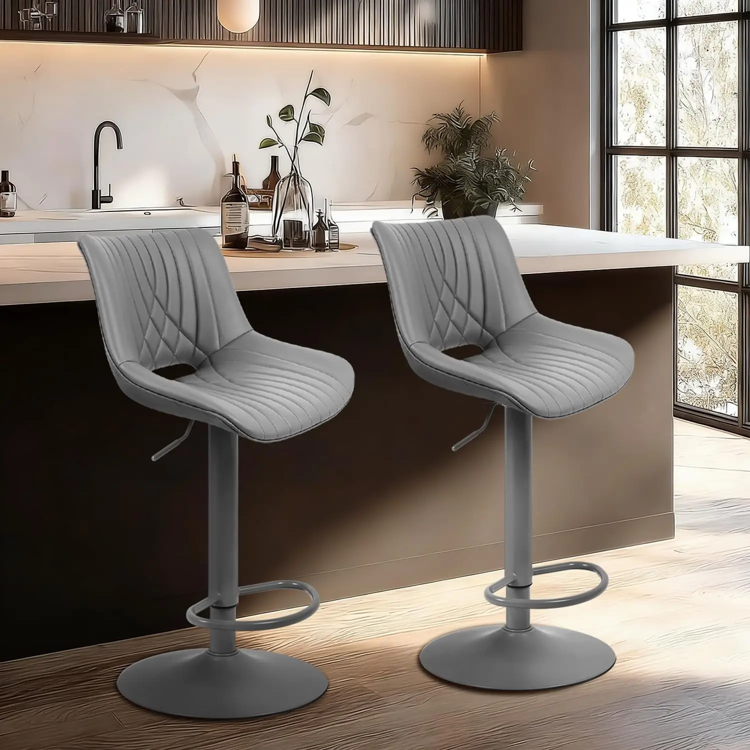 

Bar Stools Set of 2, Adjustable Counter Height Bar Stools with Open Back and Footrest, Upholstered Swivel Barstool
