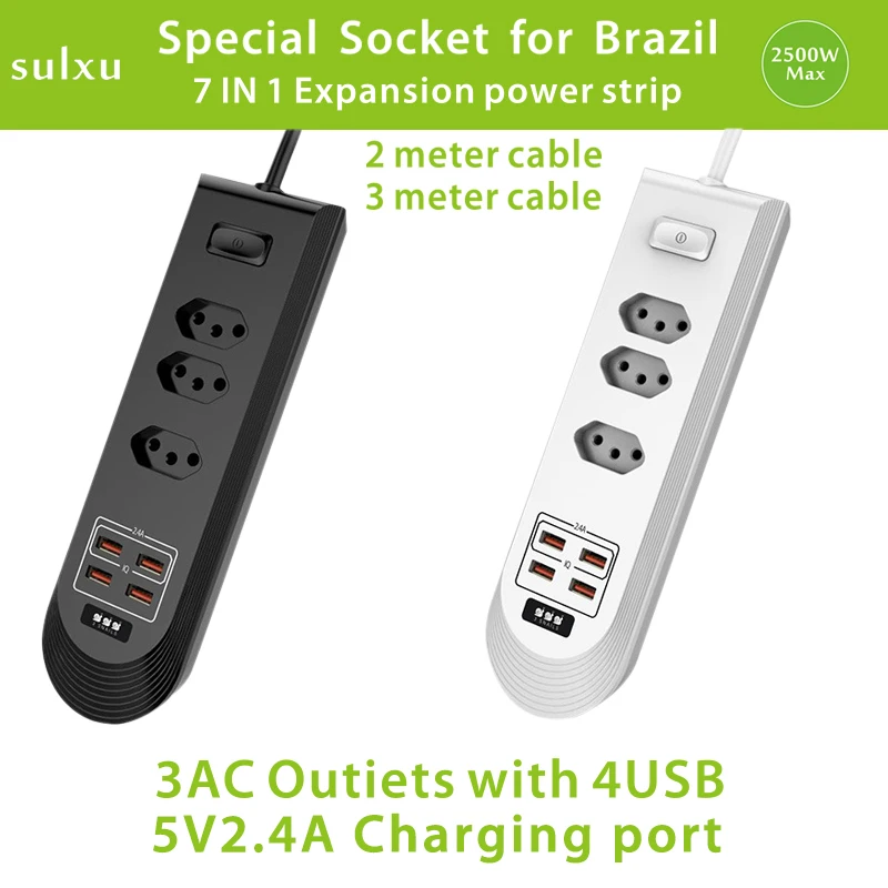 

Brazil specific hole extension power socket 3AC outlet 4USB Charger power board 2 meter cable power strip