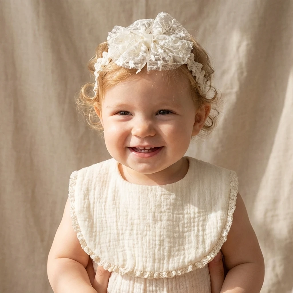 Baby Printed Bow Headband and Lace Bib Set, A-Class Pure Cot