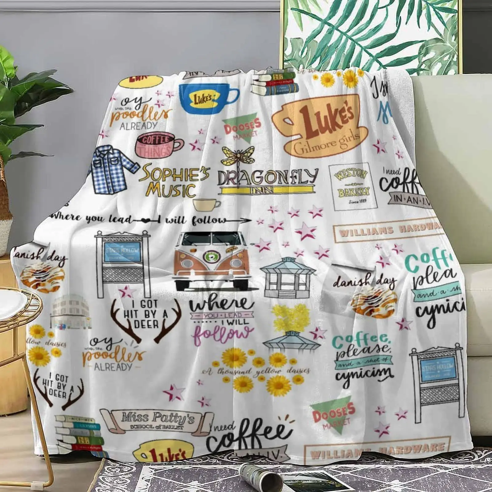Patterns of daily necessities Printed Blanket for Sofa Bed Travel Camping Living Room Office Conditioning Blanket