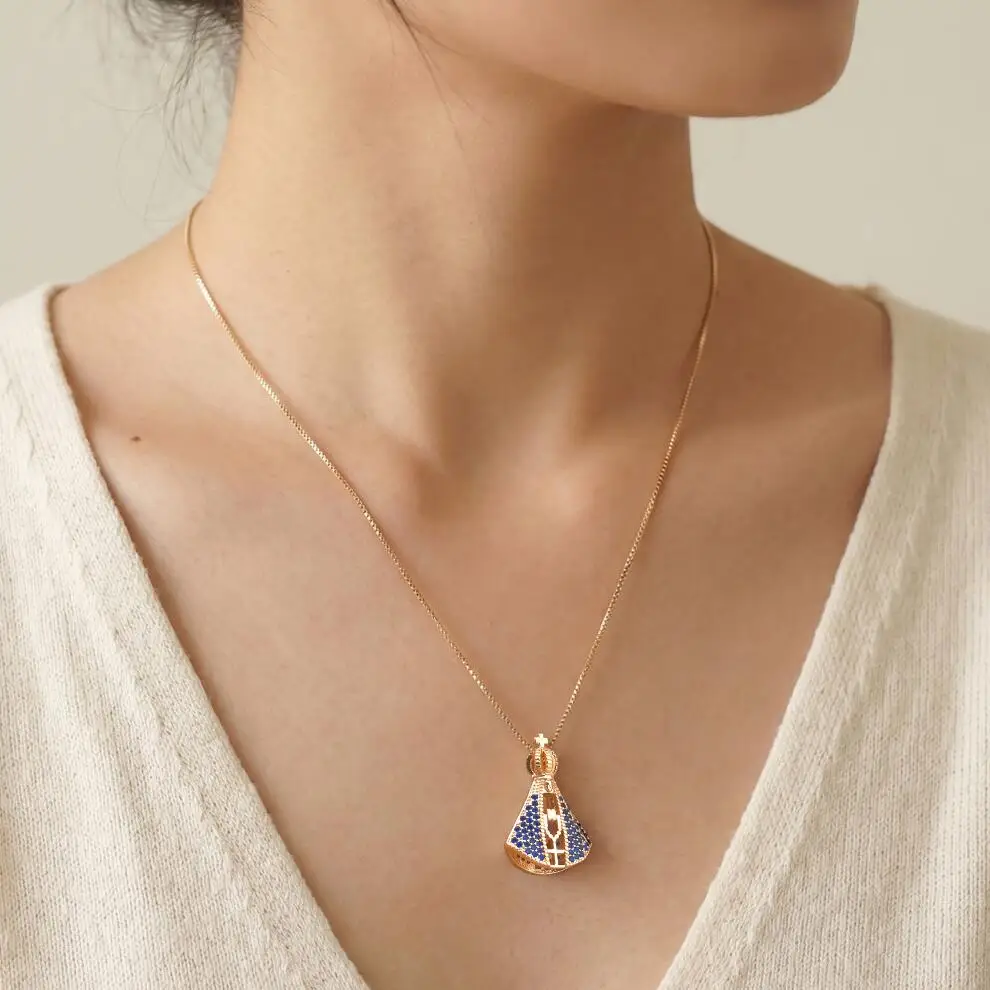 Nossa Senhora Aparecida Necklace for Women Blue Stone Catholic Pendant 18K Gold Plated Non Tarnish Gift