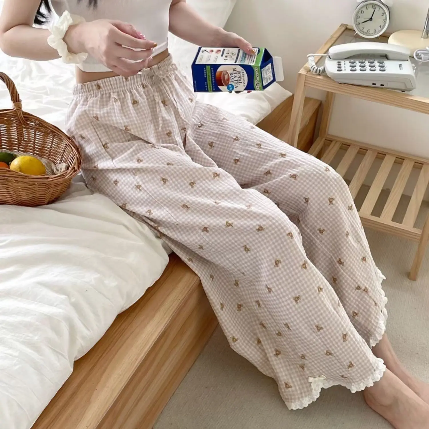 

Large Size Pajama Pants Korean Spring Summer Cute Lace Bear Plaid Home Casual Pants Women's Room Wear Homewear Slipper Pajamas