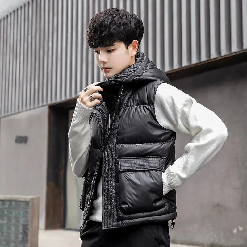 Down Vest Men Jacket Korean Fashion Warm Hooded Sleeveless Gilet Homme Autumn Winter Pocket Casual Short Waistcoat