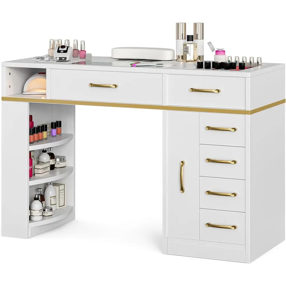 

Маникюрный стол для мастера маникюра со стеклянной столешницей, устойчивый к ацетону, с пылесборником, 7 ящиков и 3-уровневыми полками, N