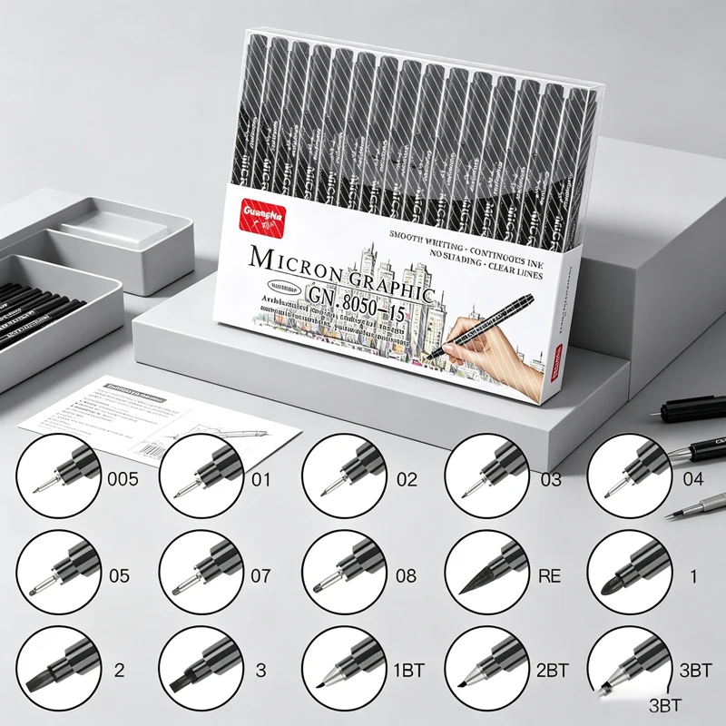 15Pcs Waterproof Micron Fine Liner Pen Set, Fade Proof Hook Line Pens for Sketch, Calligraphy & Lettering Art Supplies